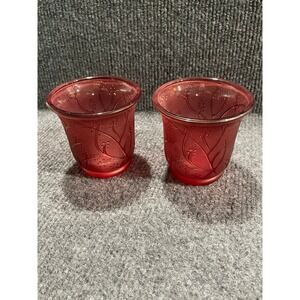 PartyLite Berry Sprig Votive Pair P8727 Red  Glass Candle Holders Set of 2